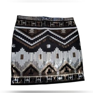 Express Black and White Sequin Metallic Aztec Tribal Stretchy Mini Skirt M NWT